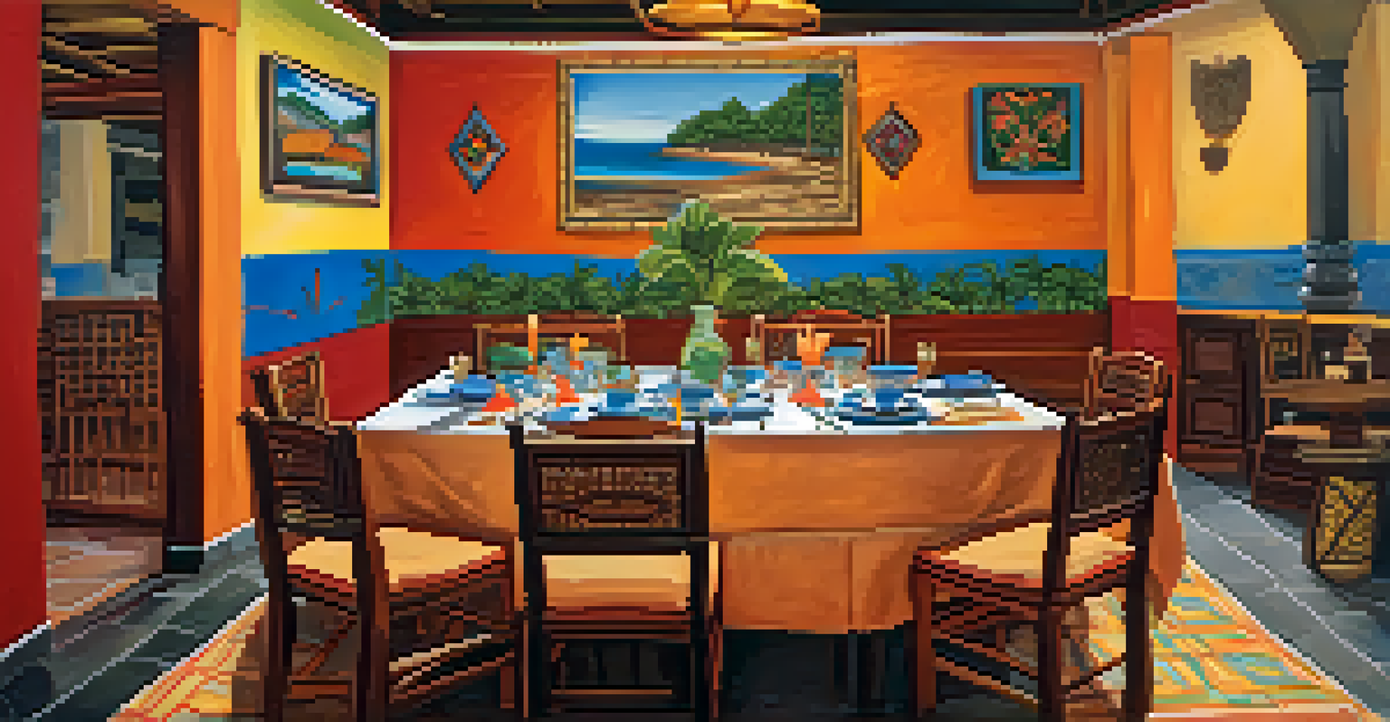 A beautifully arranged dining table at a Bahian restaurant with local dishes and colorful artwork in the background.