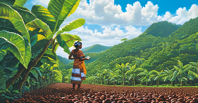 A woman in traditional attire harvesting cacao on a bright sunny day in a lush plantation.