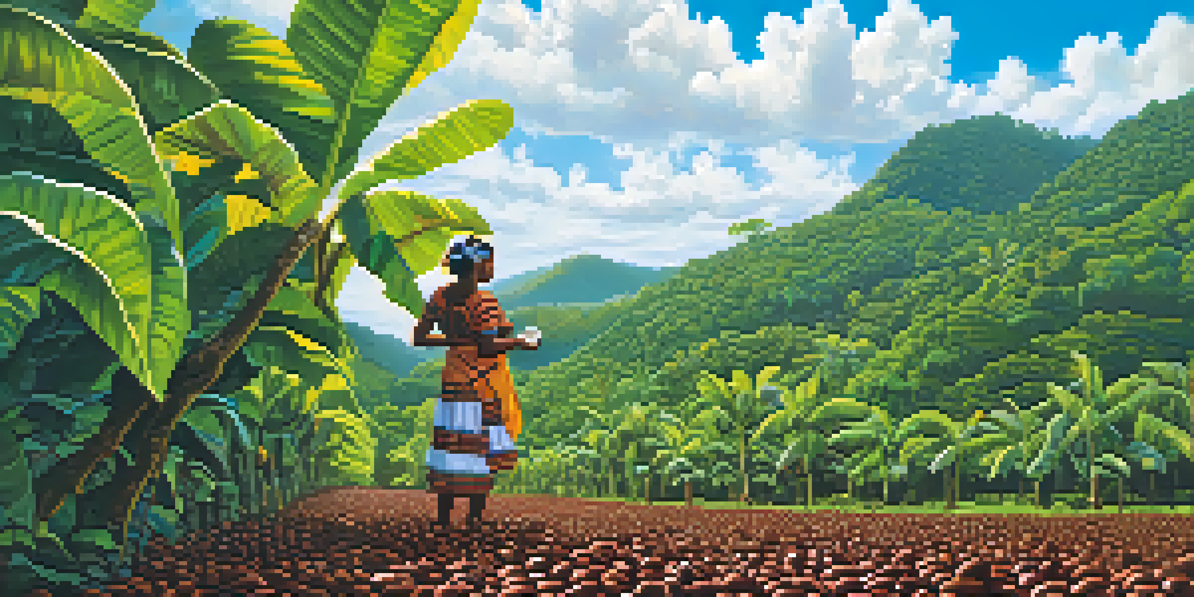 A woman in traditional attire harvesting cacao on a bright sunny day in a lush plantation.