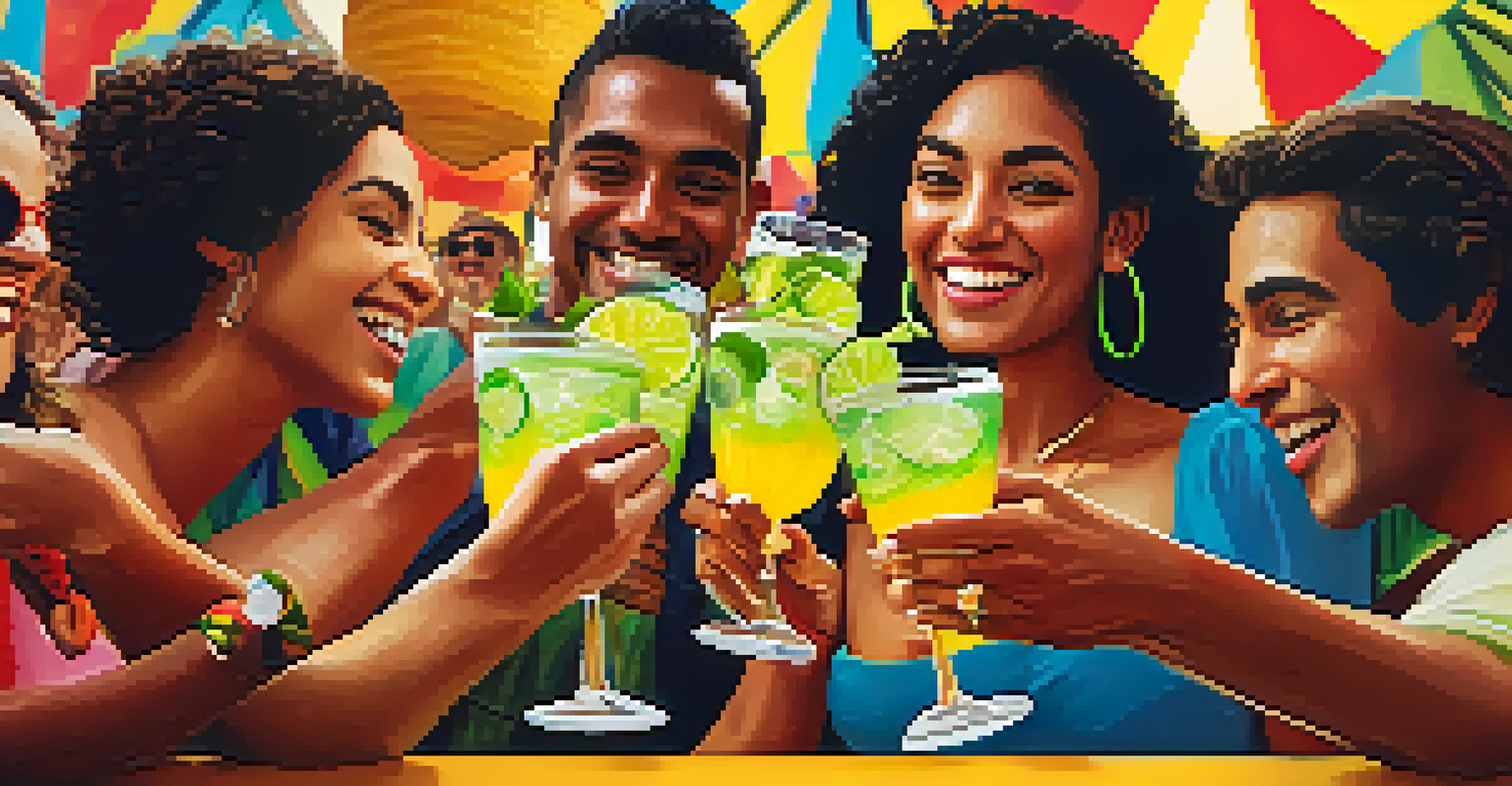 Friends toasting with caipirinhas at a Brazilian festival, surrounded by vibrant decorations and a joyful atmosphere.