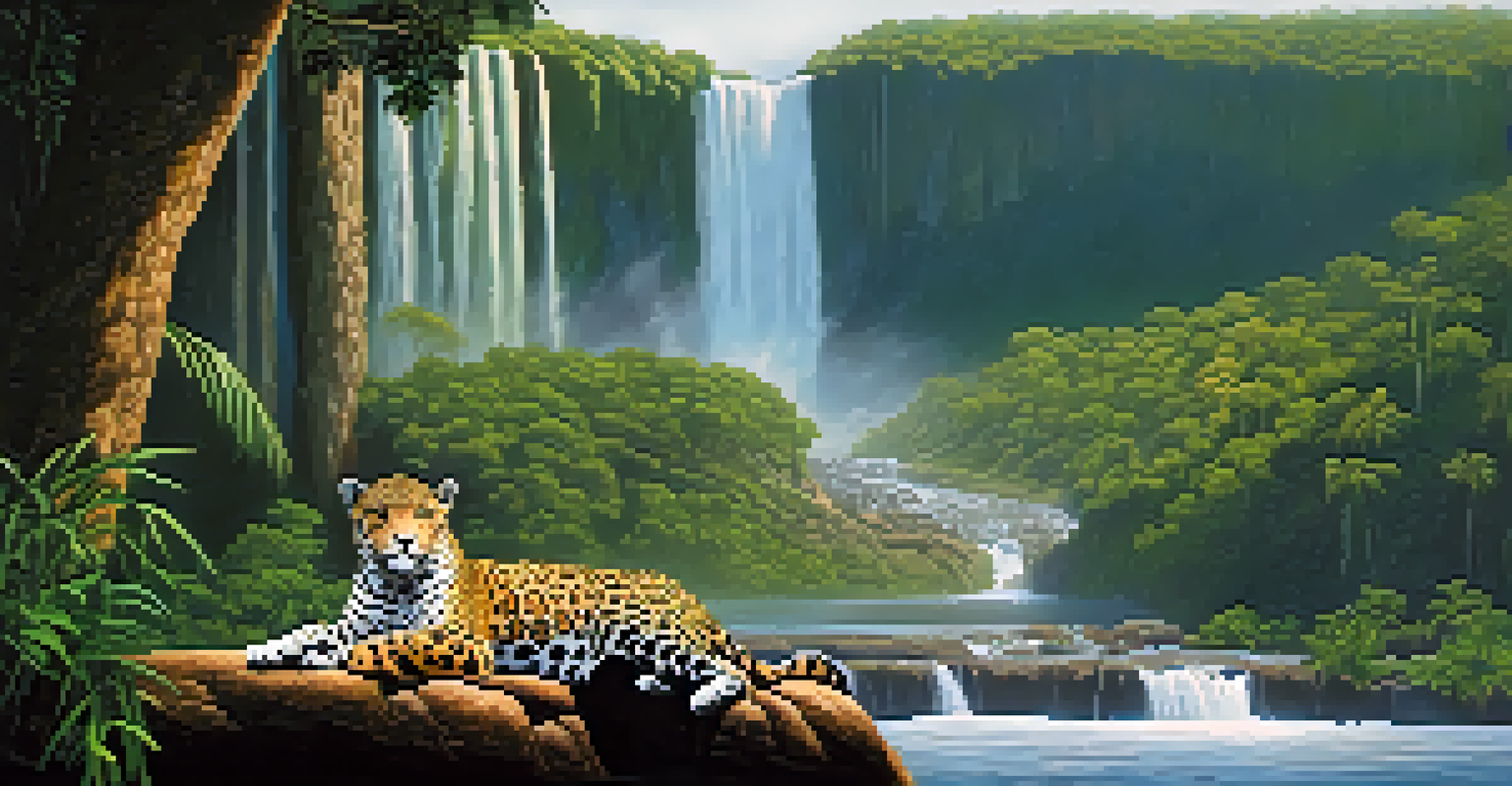 A jaguar resting on a rock near a waterfall in Iguaçu National Park, surrounded by lush greenery and mist from the falls.