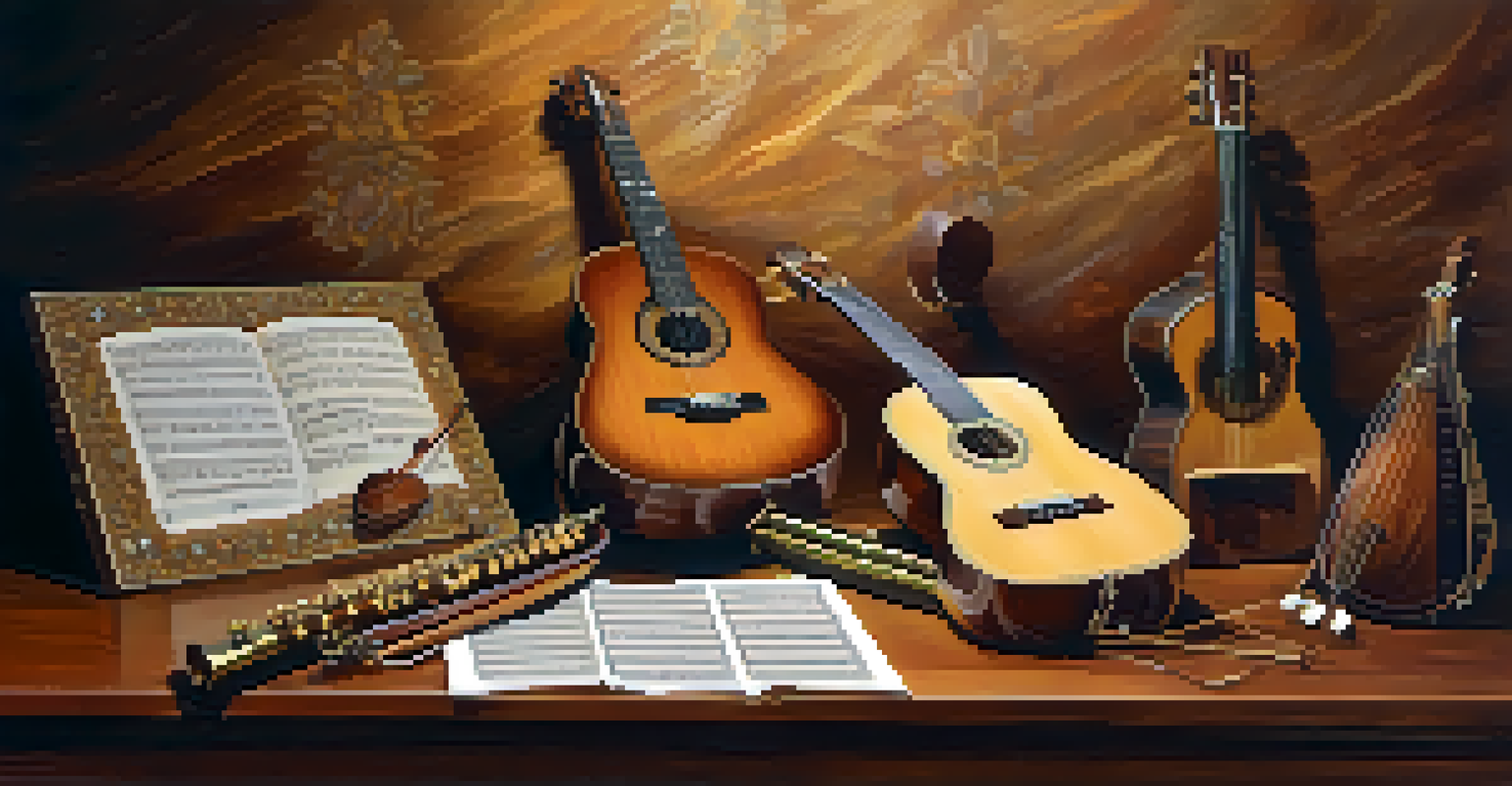 An artistic arrangement of Choro instruments on a wooden table, showcasing their details.