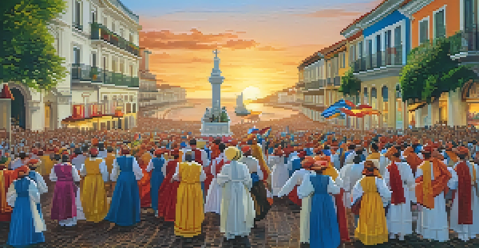 A colorful procession during the Festa do Círio de Nazaré with the statue of Our Lady of Nazaré, surrounded by joyful participants in traditional attire under a warm sunset.