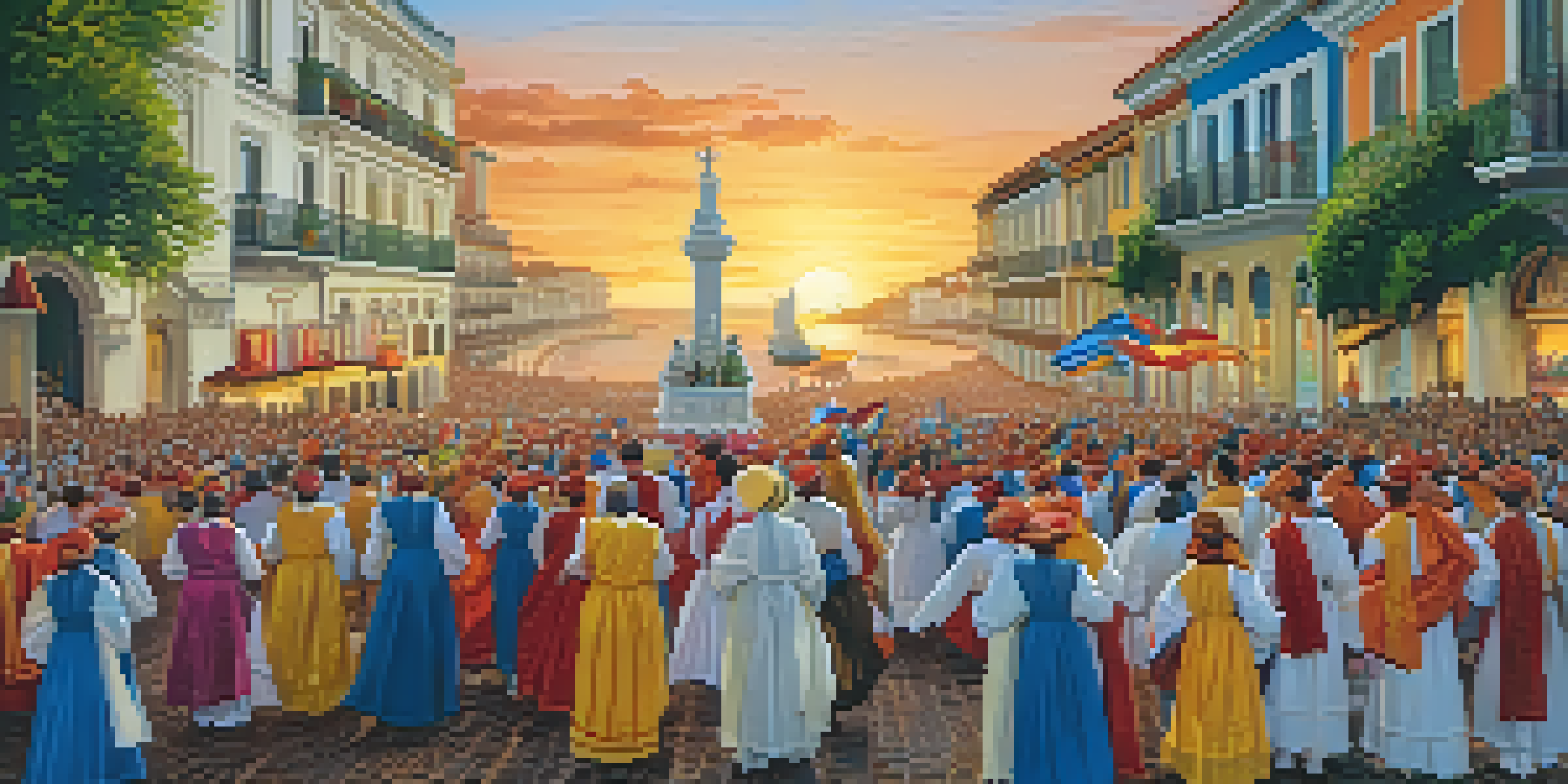 A colorful procession during the Festa do Círio de Nazaré with the statue of Our Lady of Nazaré, surrounded by joyful participants in traditional attire under a warm sunset.