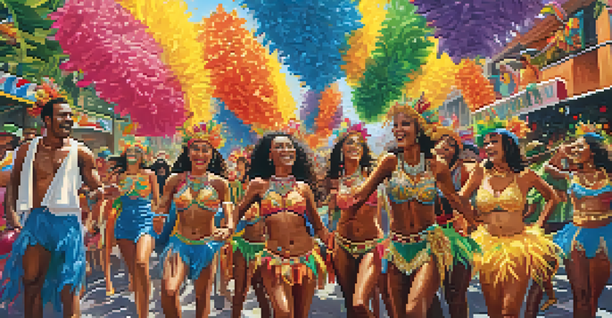 A lively street scene at Rio's Carnival with diverse participants in colorful costumes, floats, and decorations under bright sunlight.
