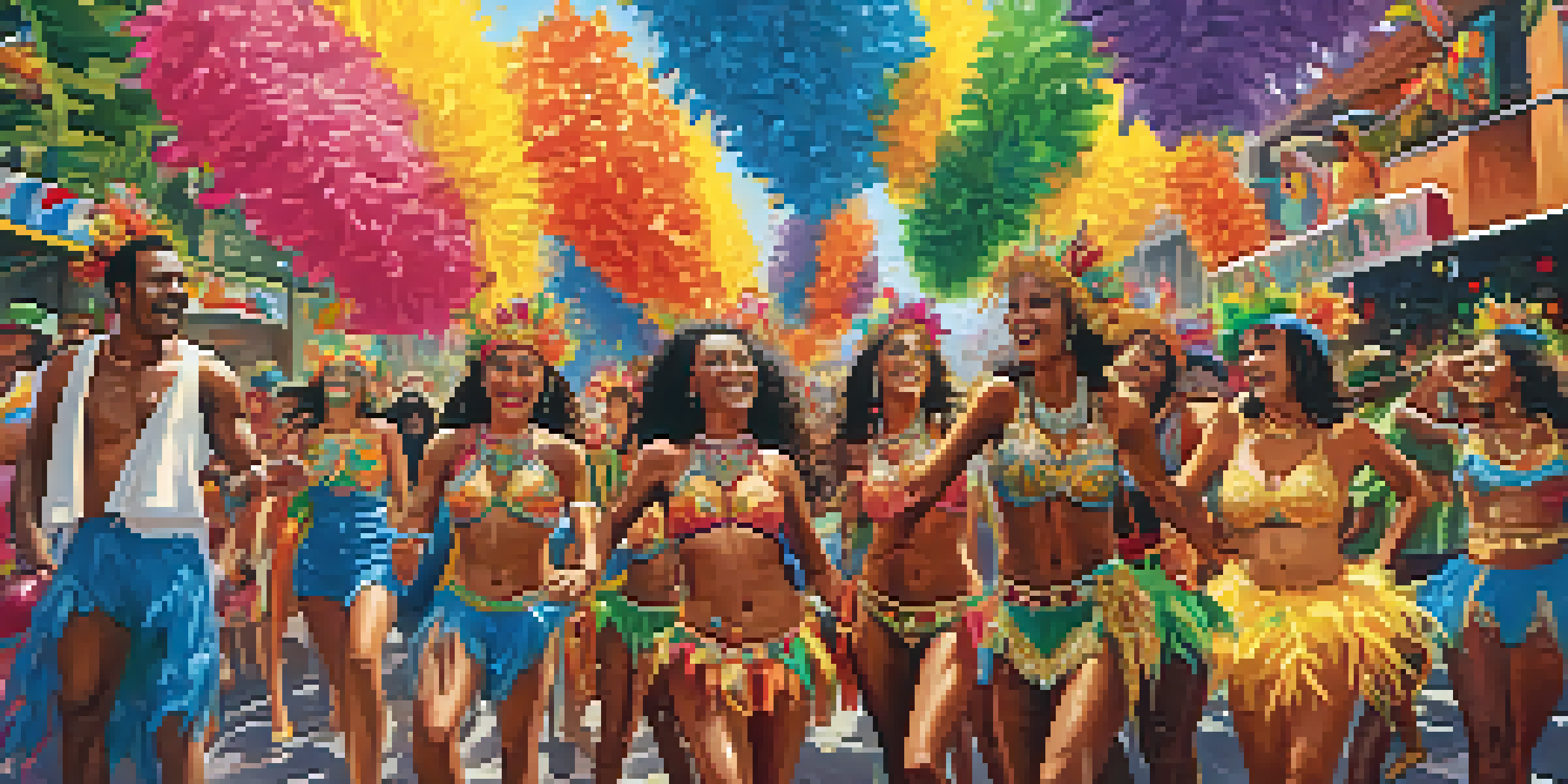 A lively street scene at Rio's Carnival with diverse participants in colorful costumes, floats, and decorations under bright sunlight.