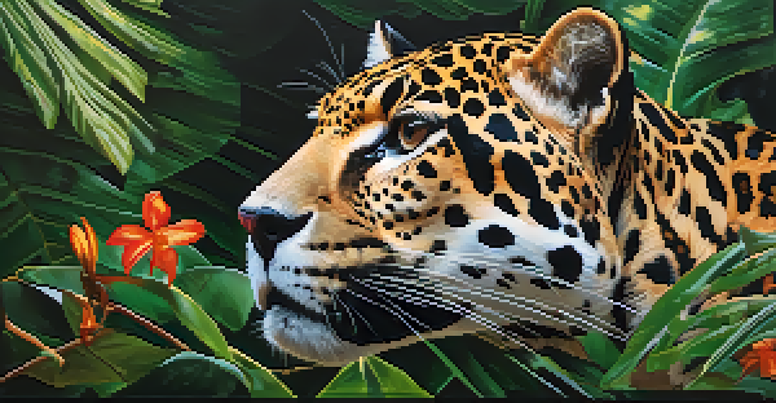 A close-up of a resting jaguar on a branch in the Amazon rainforest surrounded by foliage and flowers.