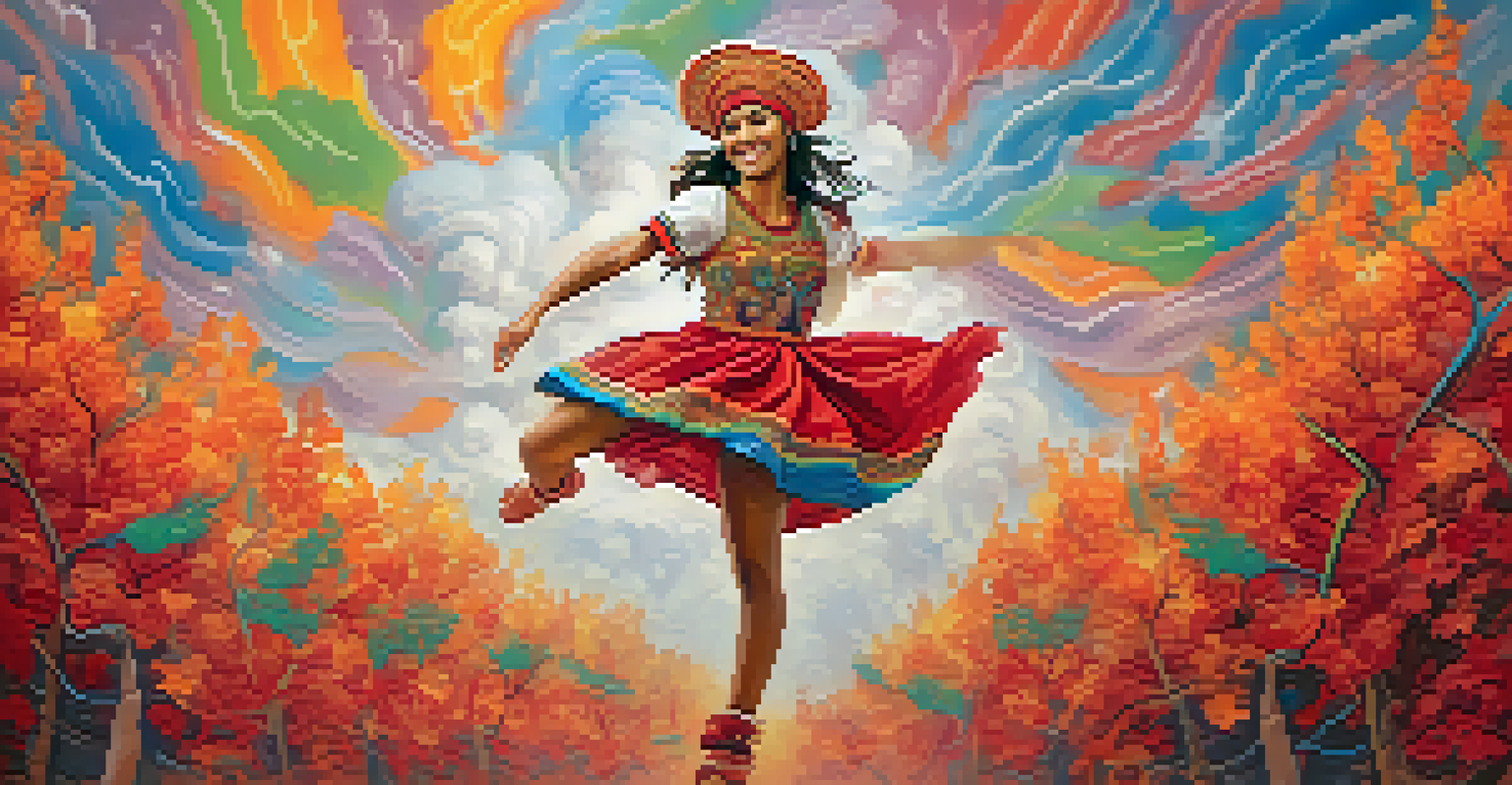 The folkloric character Saci Pererê dancing amidst colorful patterns and leaves.