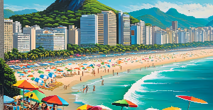 Aerial view of Copacabana Beach in Rio de Janeiro, filled with people engaging in sports like volleyball and surfing, with mountains and city buildings in the background.