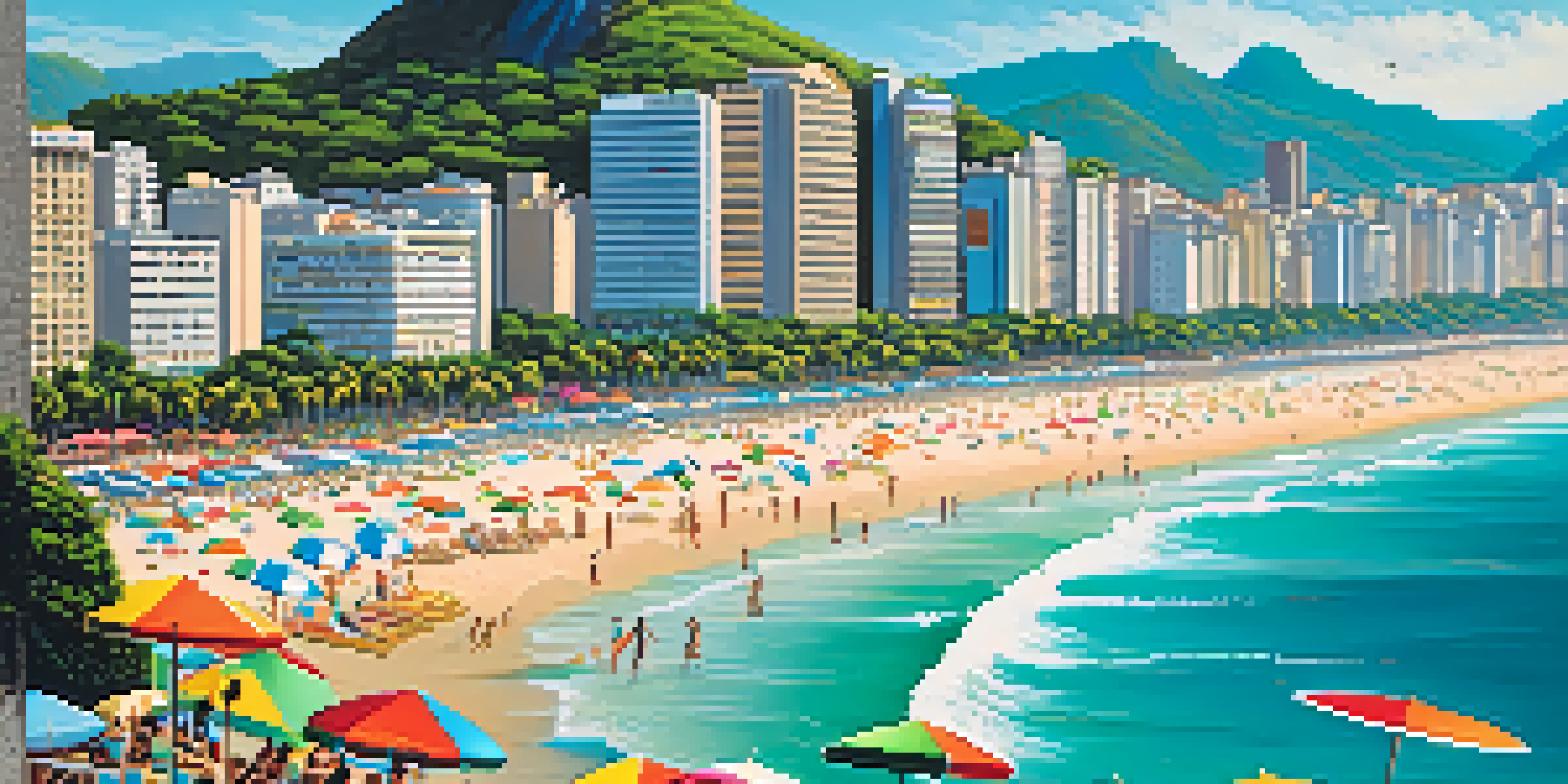Aerial view of Copacabana Beach in Rio de Janeiro, filled with people engaging in sports like volleyball and surfing, with mountains and city buildings in the background.