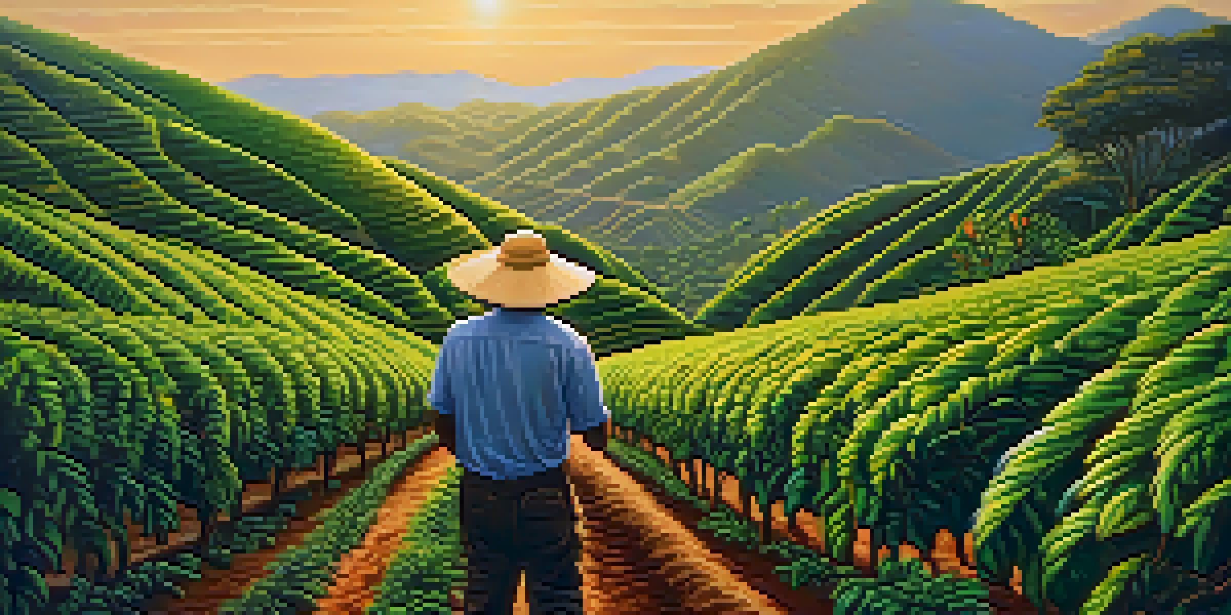 A tranquil coffee plantation in Brazil at sunrise, featuring green coffee plants and ripe cherries with a farmer inspecting them.