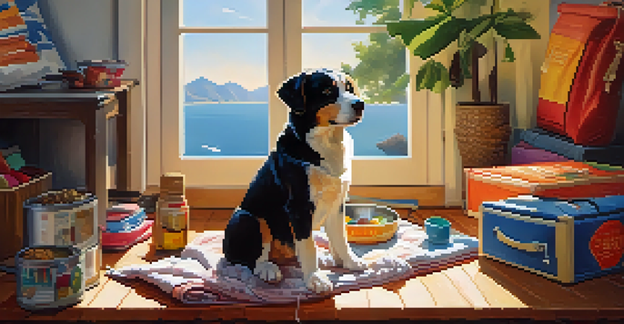 A joyful dog in a travel crate with travel items and a map of Brazil.