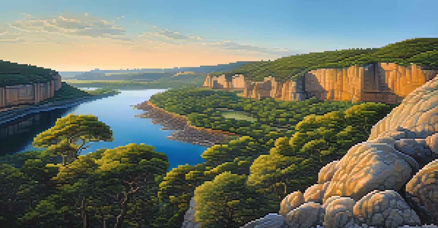 A panoramic landscape of unique rock formations with a blue sky and green vegetation, illuminated by the warm light of the setting sun.