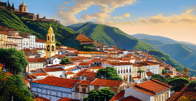 A colorful view of Ouro Preto, featuring baroque architecture and cobblestone streets, with the Church of Saint Francis of Assisi in the foreground.