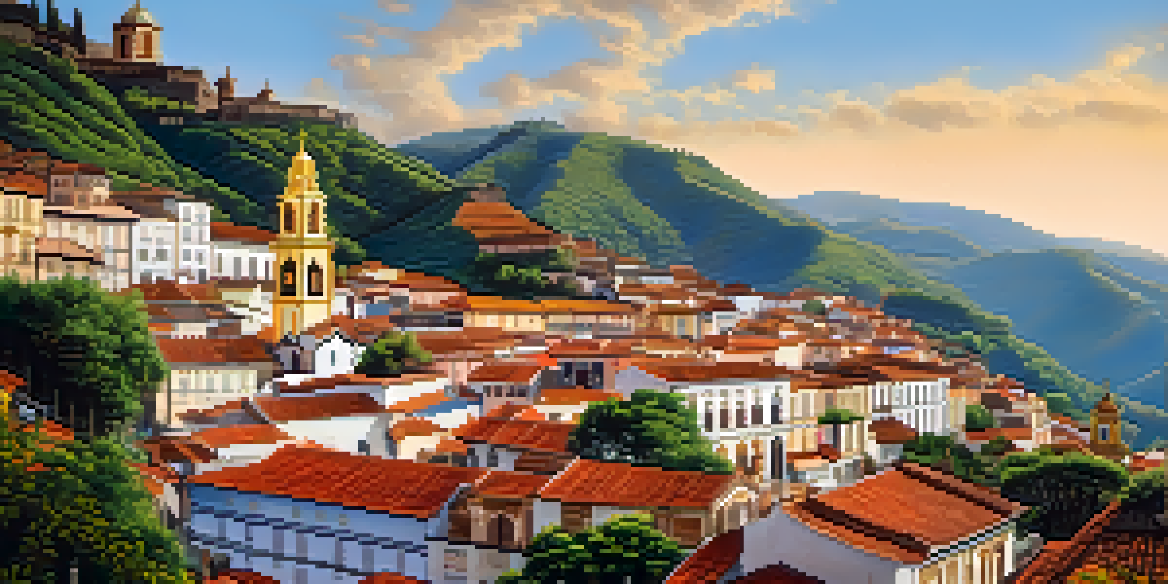 A colorful view of Ouro Preto, featuring baroque architecture and cobblestone streets, with the Church of Saint Francis of Assisi in the foreground.