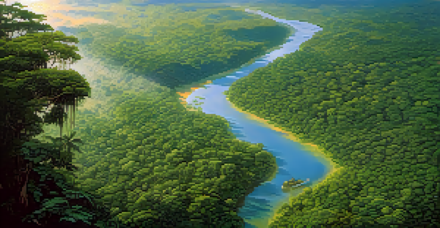 Aerial view of the Amazon rainforest with hikers visible in the lush greenery.