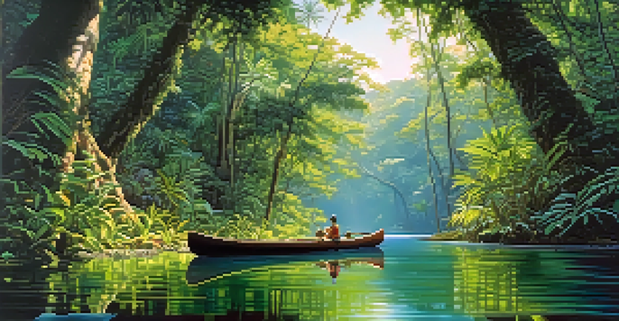 A picturesque view of the Amazon rainforest with a canoe on a tranquil waterway, surrounded by lush trees and vibrant flowers.