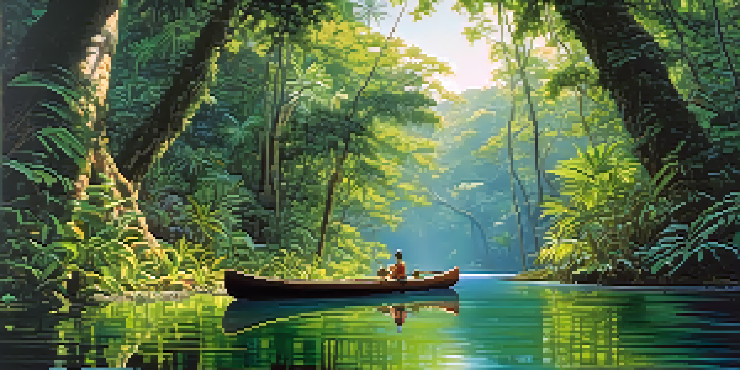 A picturesque view of the Amazon rainforest with a canoe on a tranquil waterway, surrounded by lush trees and vibrant flowers.