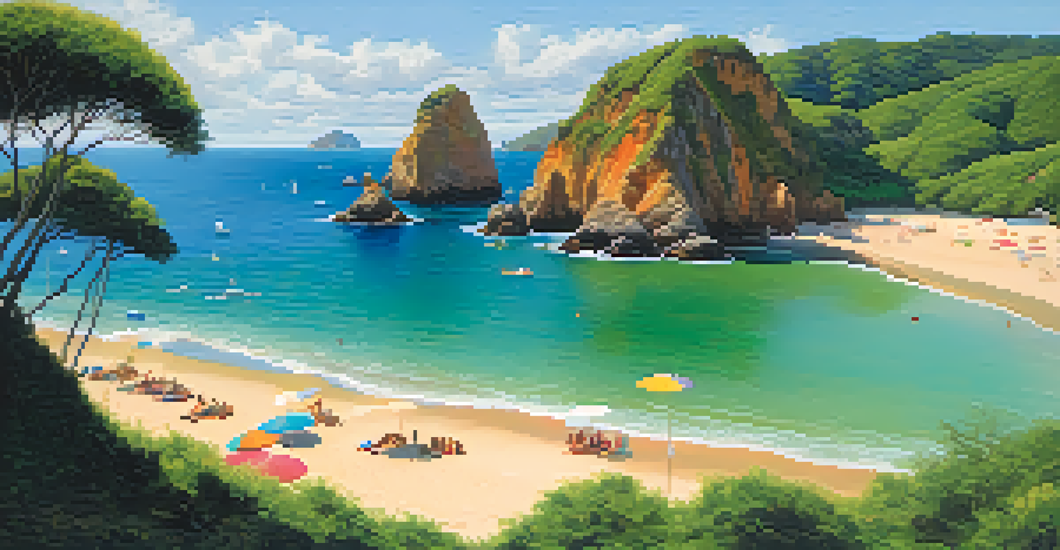 A tranquil beach scene at Baía do Sancho with golden sands, people relaxing under umbrellas, and lush cliffs in the background.