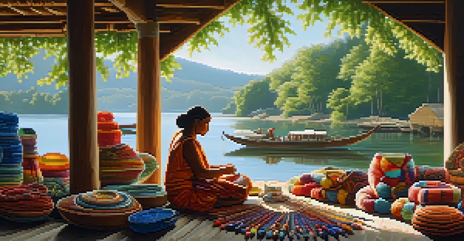 An artisan creating beadwork by the river, surrounded by colorful textiles and handcrafted items, with sunlight filtering through the trees.