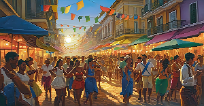 A lively samba festival in Brazil with dancers in colorful costumes and musicians playing traditional instruments under a warm sunset.