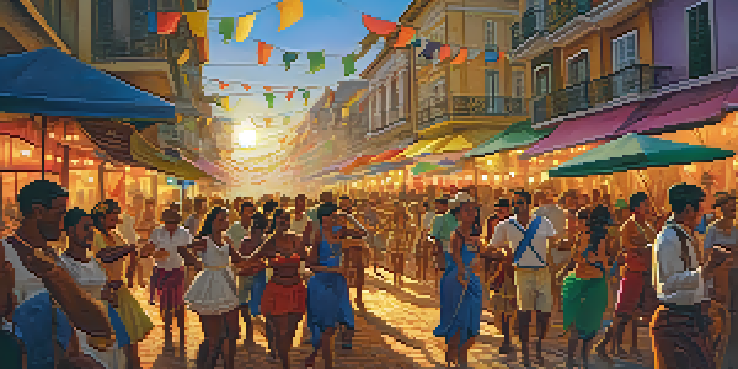 A lively samba festival in Brazil with dancers in colorful costumes and musicians playing traditional instruments under a warm sunset.