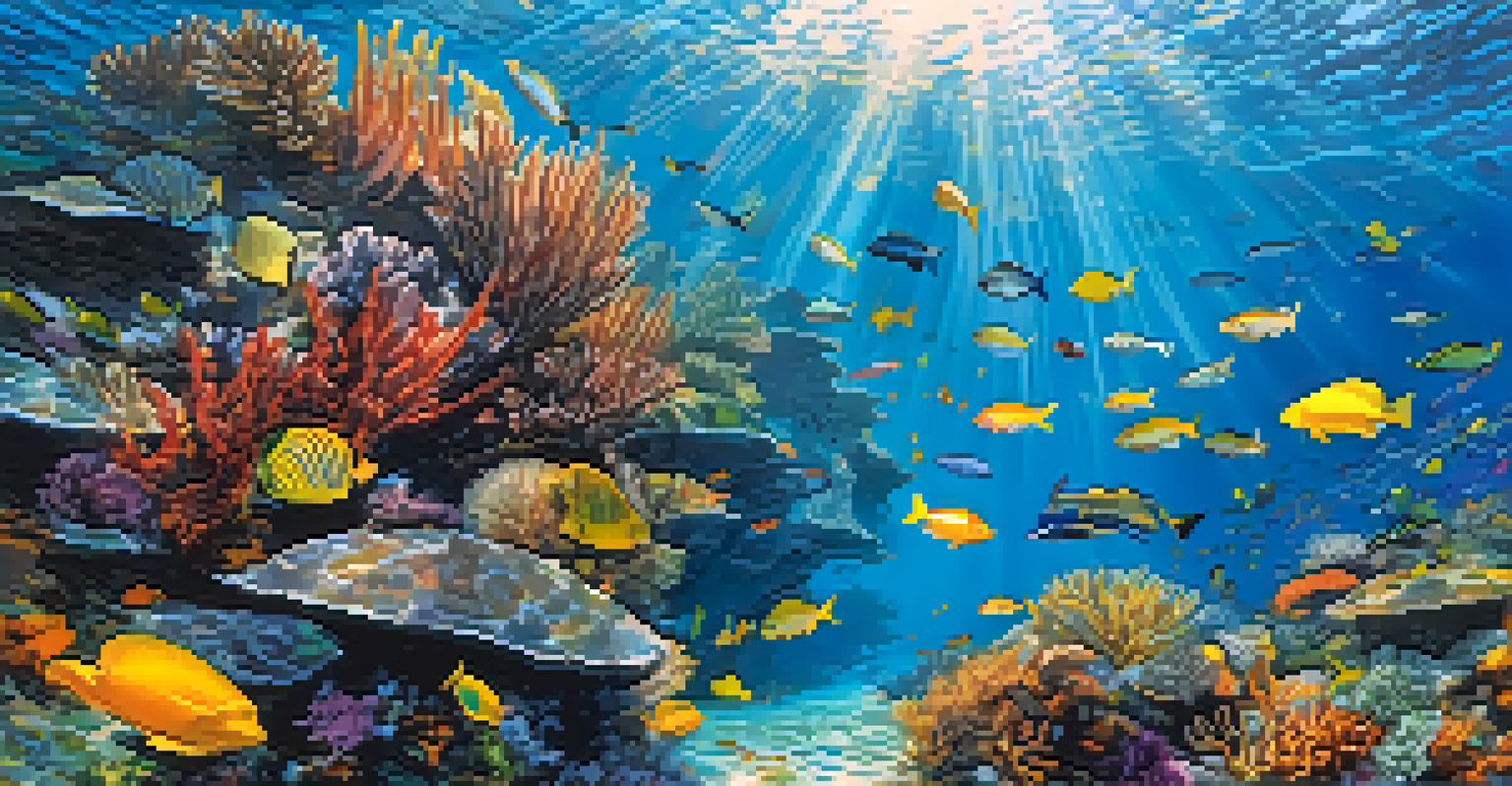 An underwater view at Praia da Atalaia with colorful fish and coral reefs illuminated by sunlight.