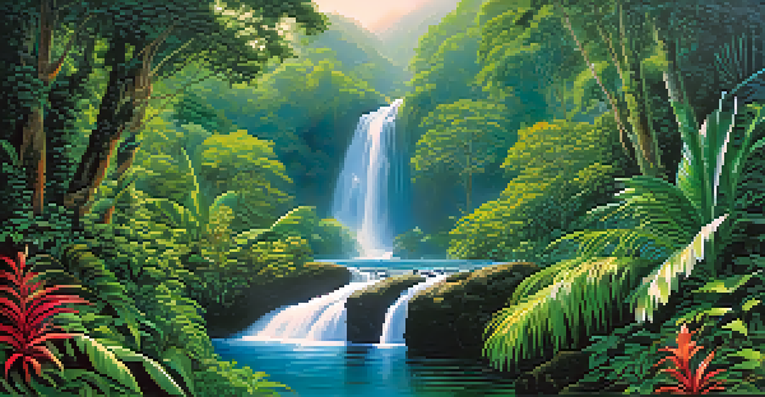 A cascading waterfall in the Atlantic Forest surrounded by dense tropical vegetation and blooming flowers, with sunlight creating a rainbow effect in the mist.