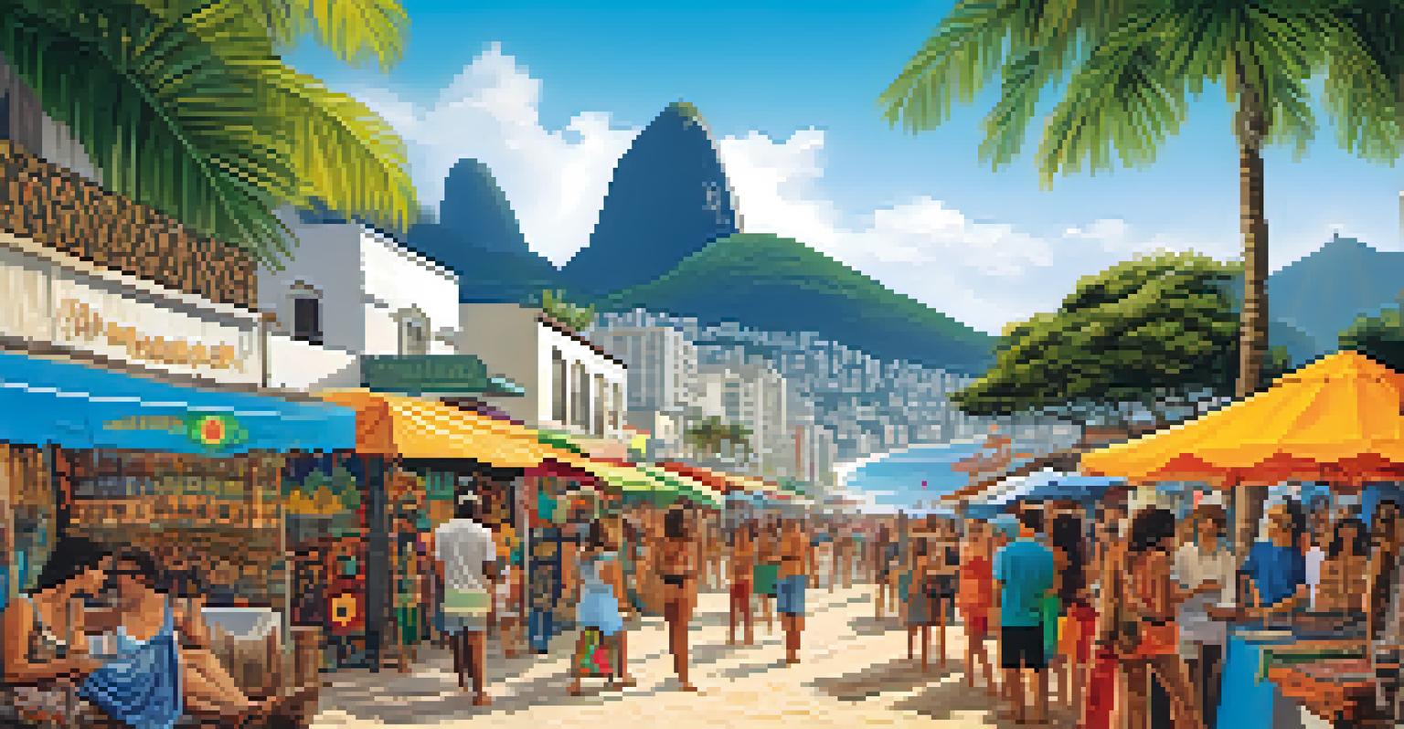 A bustling arts and crafts fair by the beach in Ipanema, with people shopping for handmade items and enjoying live music.