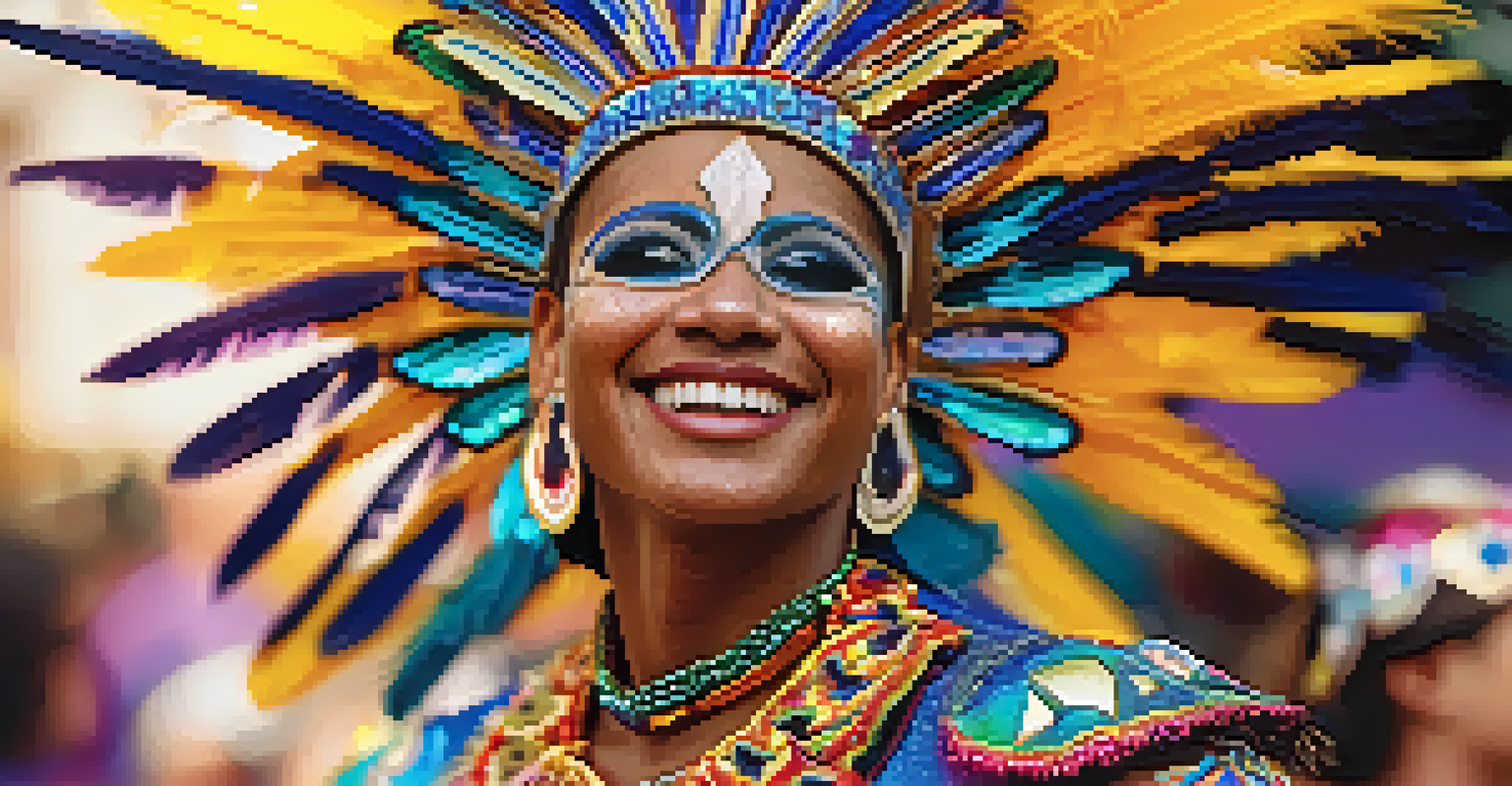 A close-up of a Carnaval dancer in a colorful, intricate costume with feathers and sequins.