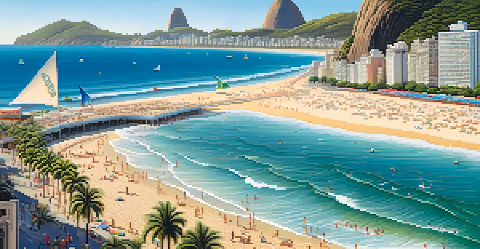 Aerial view of Copacabana Beach showing volleyball games, surfers, and sunbathers with Sugarloaf Mountain in the background.