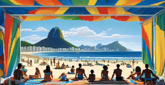 A vibrant beach scene at Copacabana with sunbathers, volleyball players, and vendors, framed by Sugarloaf Mountain in the background.