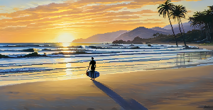 A surfer paddles out into the ocean at sunrise, with golden sunlight reflecting off the waves and palm trees lining the beach.