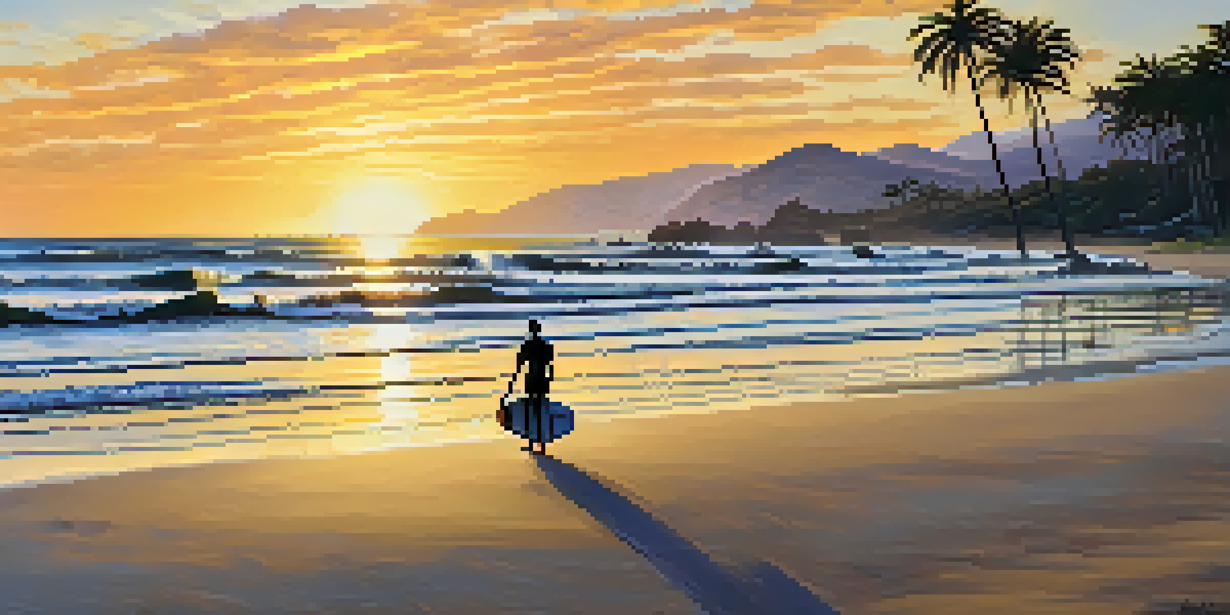 A surfer paddles out into the ocean at sunrise, with golden sunlight reflecting off the waves and palm trees lining the beach.