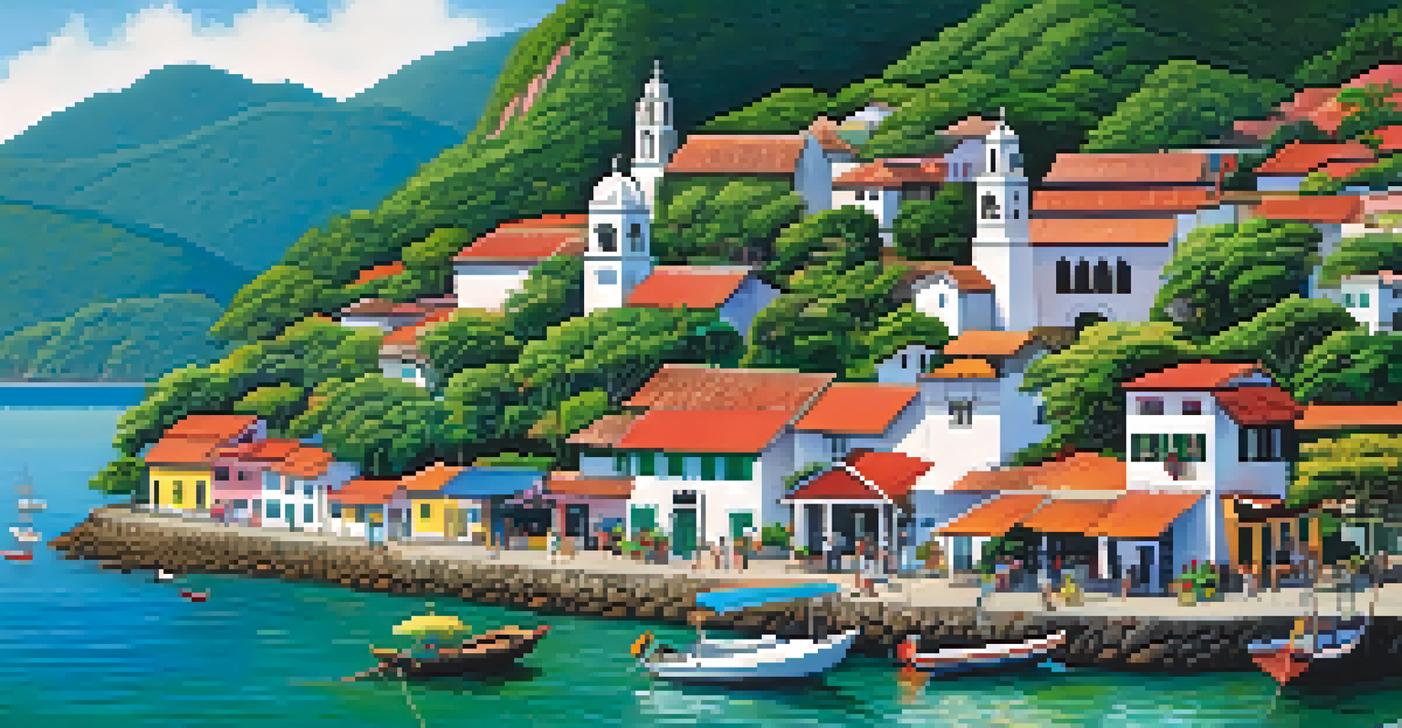 Aerial view of Paraty, Brazil, showcasing colorful colonial buildings and cobblestone streets.