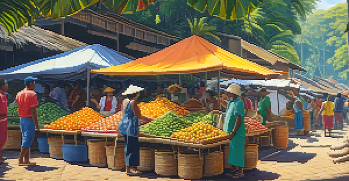 A lively market in the Amazon with colorful fruits and local vendors in traditional attire, surrounded by greenery.