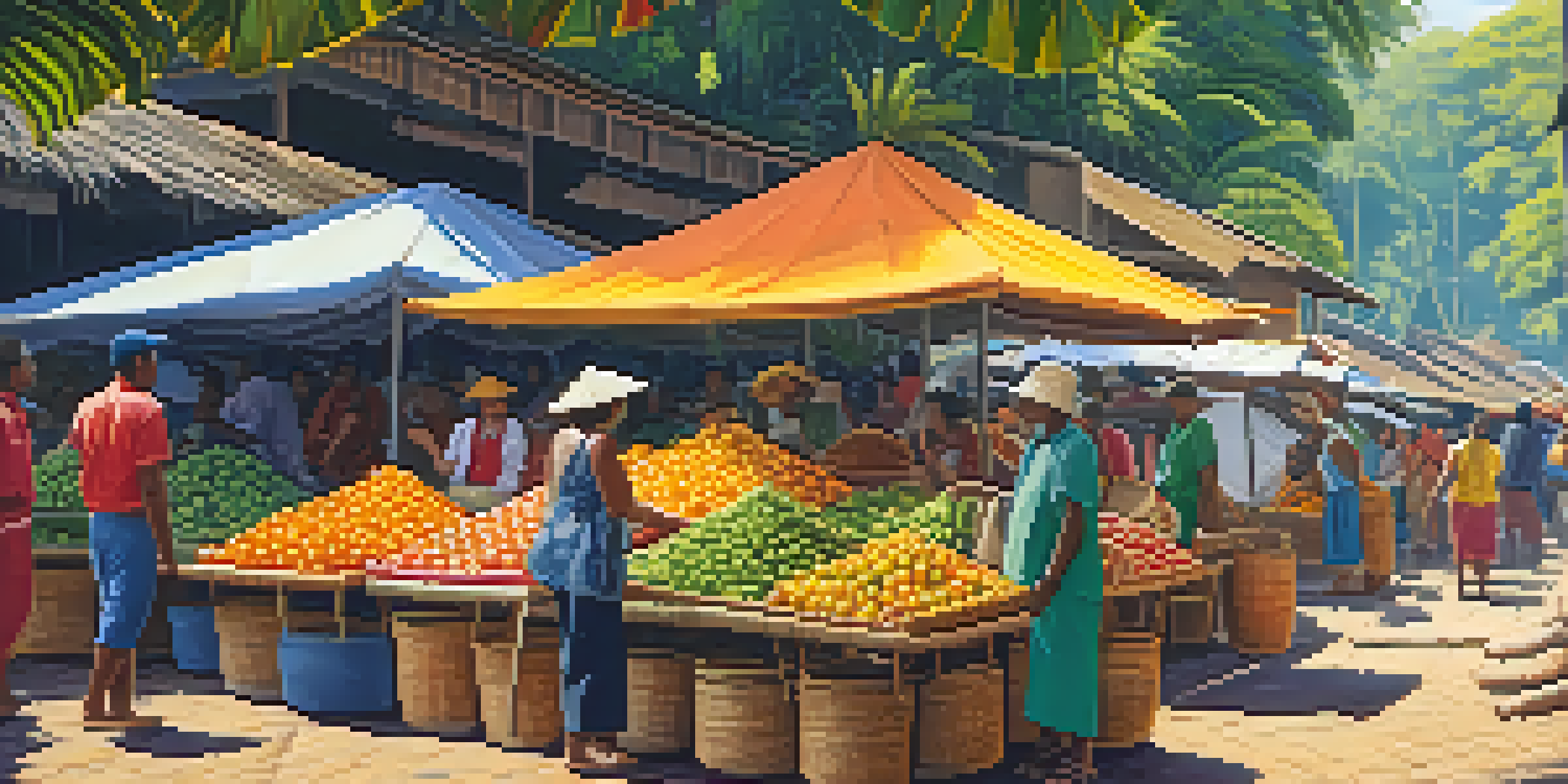 A lively market in the Amazon with colorful fruits and local vendors in traditional attire, surrounded by greenery.