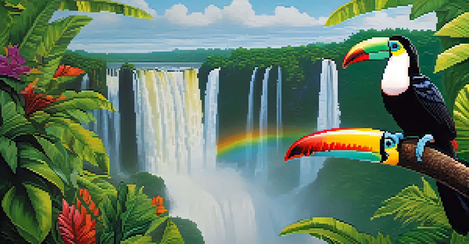 A vivid toucan sitting on a branch, with Iguazu Falls visible in the background, showcasing the vibrant wildlife of the region.