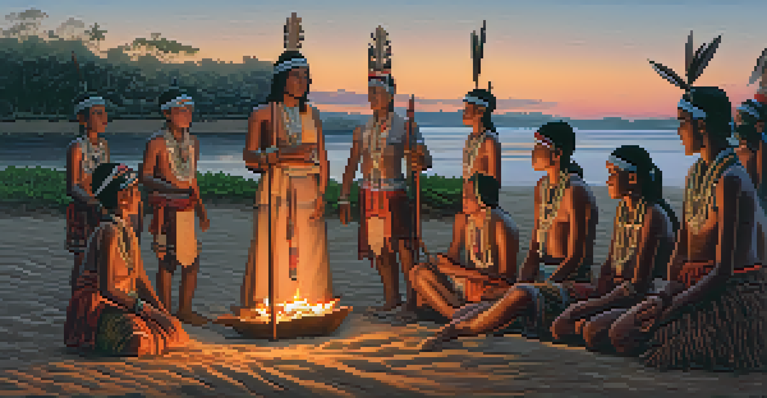 Indigenous people honoring ancestors at the Kuarup Festival, with wooden effigies and warm, soft lighting.