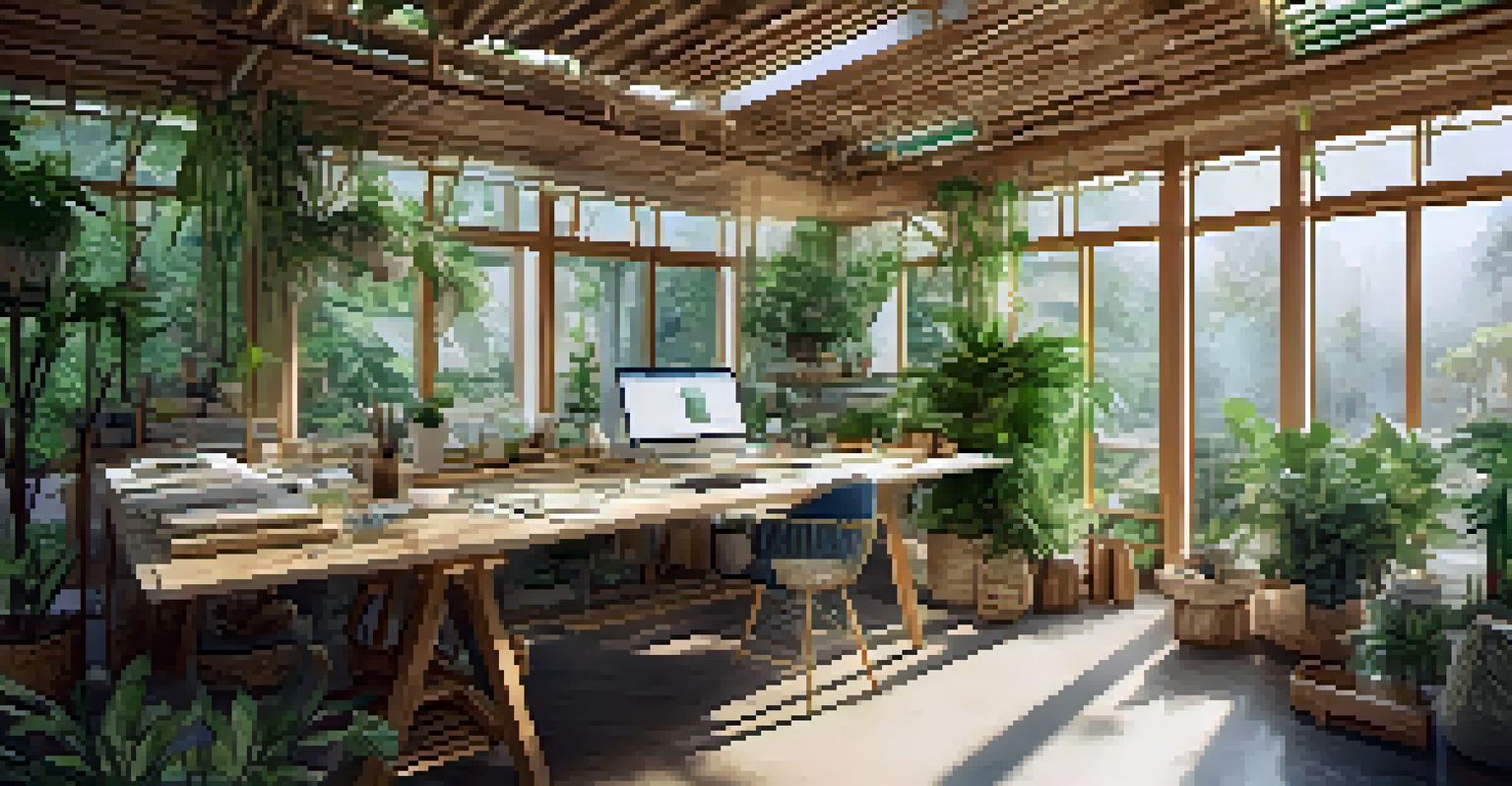 An architect's workspace with sketches of sustainable buildings, bamboo materials, and plants.