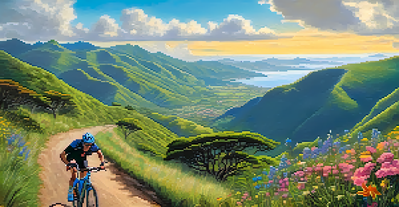 A young male cyclist riding on a mountain trail in the Serra do Mar, surrounded by green mountains and wildflowers.
