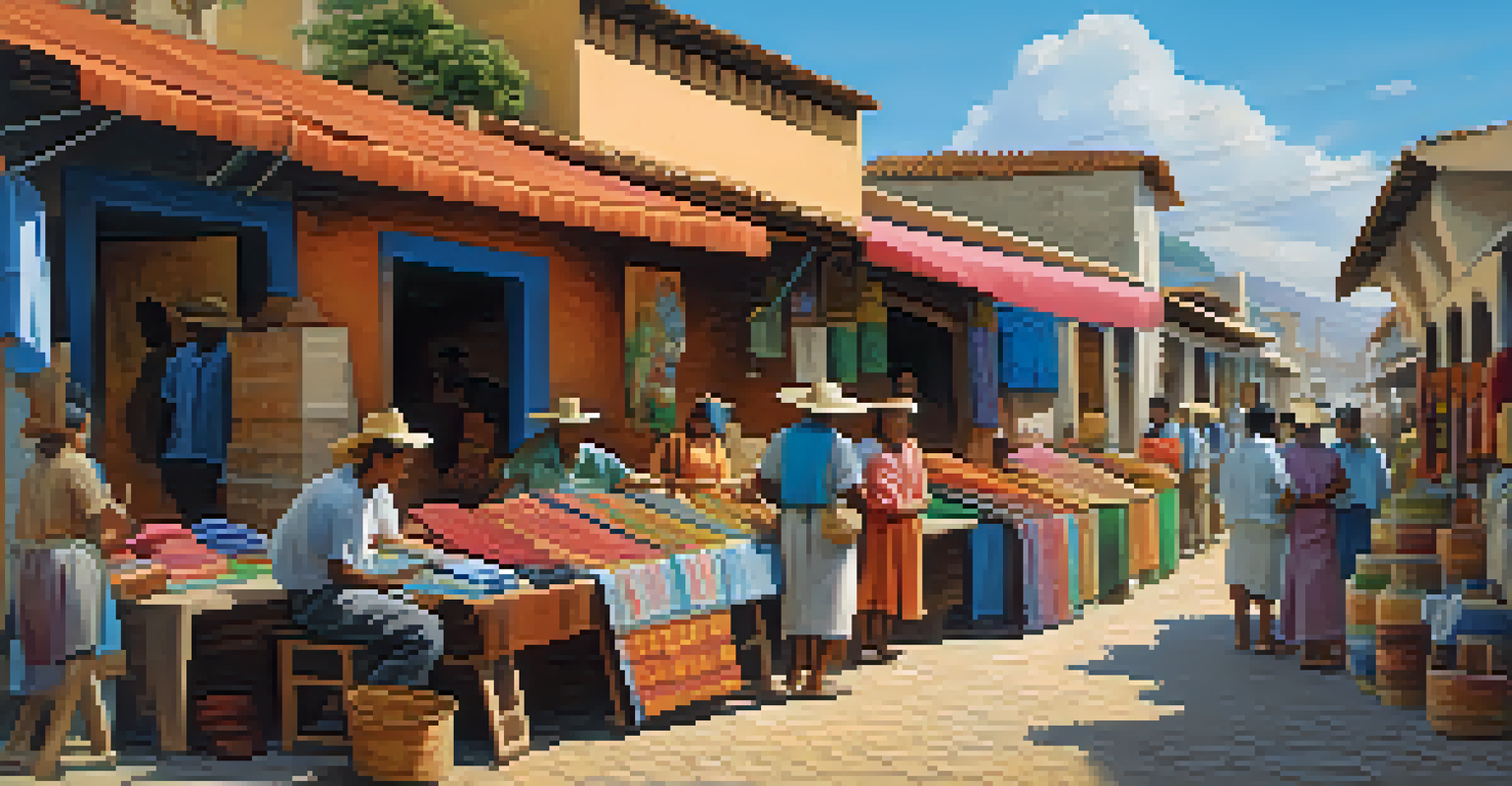 A lively marketplace with artisans, colorful crafts, and colonial houses under a clear blue sky along the Estrada Real.