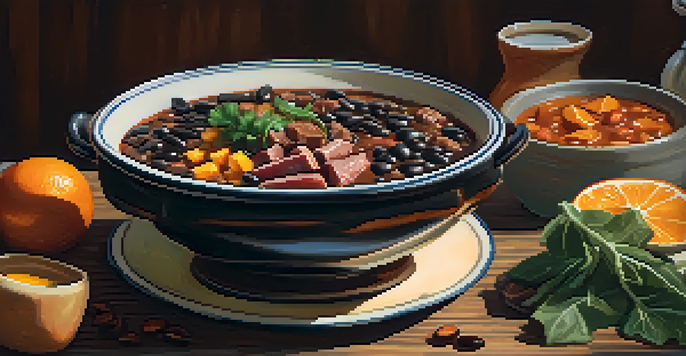 A bowl of feijoada featuring black beans, assorted meats, garnished with orange slices and collard greens, on a wooden table.