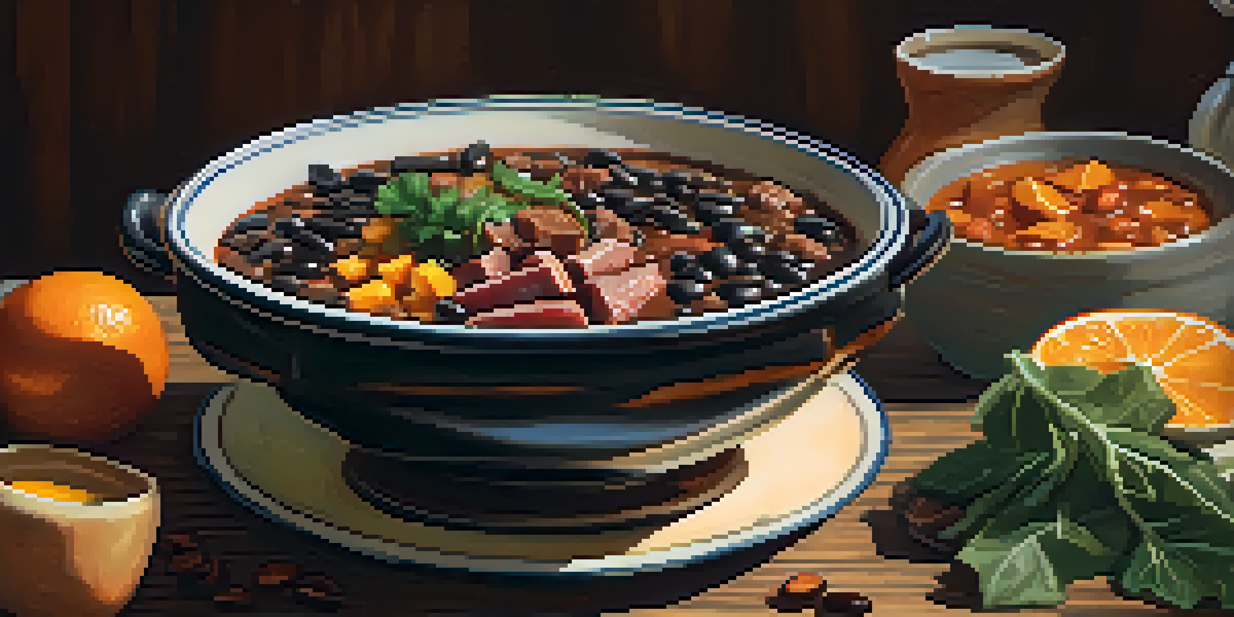 A bowl of feijoada featuring black beans, assorted meats, garnished with orange slices and collard greens, on a wooden table.