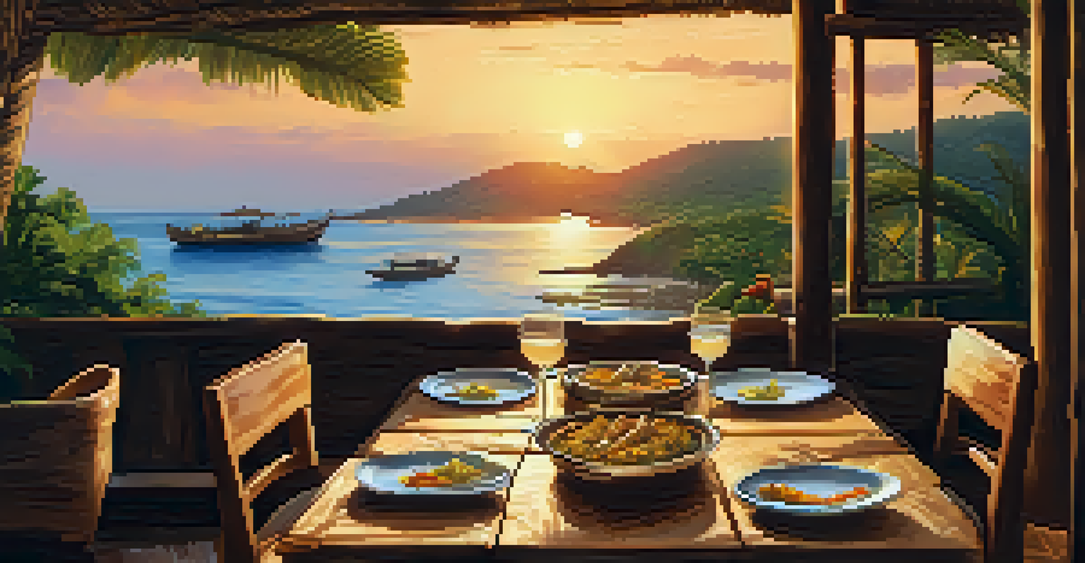 An open-air restaurant in Bahia with a sunset view over the ocean, featuring a plate of grilled fish.