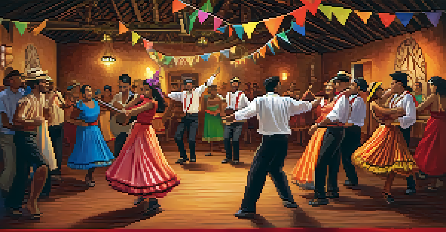 A lively Forró dance gathering with couples dancing and musicians playing traditional instruments.