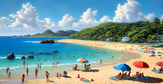 Families enjoying a sunny day at Praia do Forte beach in Brazil, building sandcastles and playing in the gentle waves.