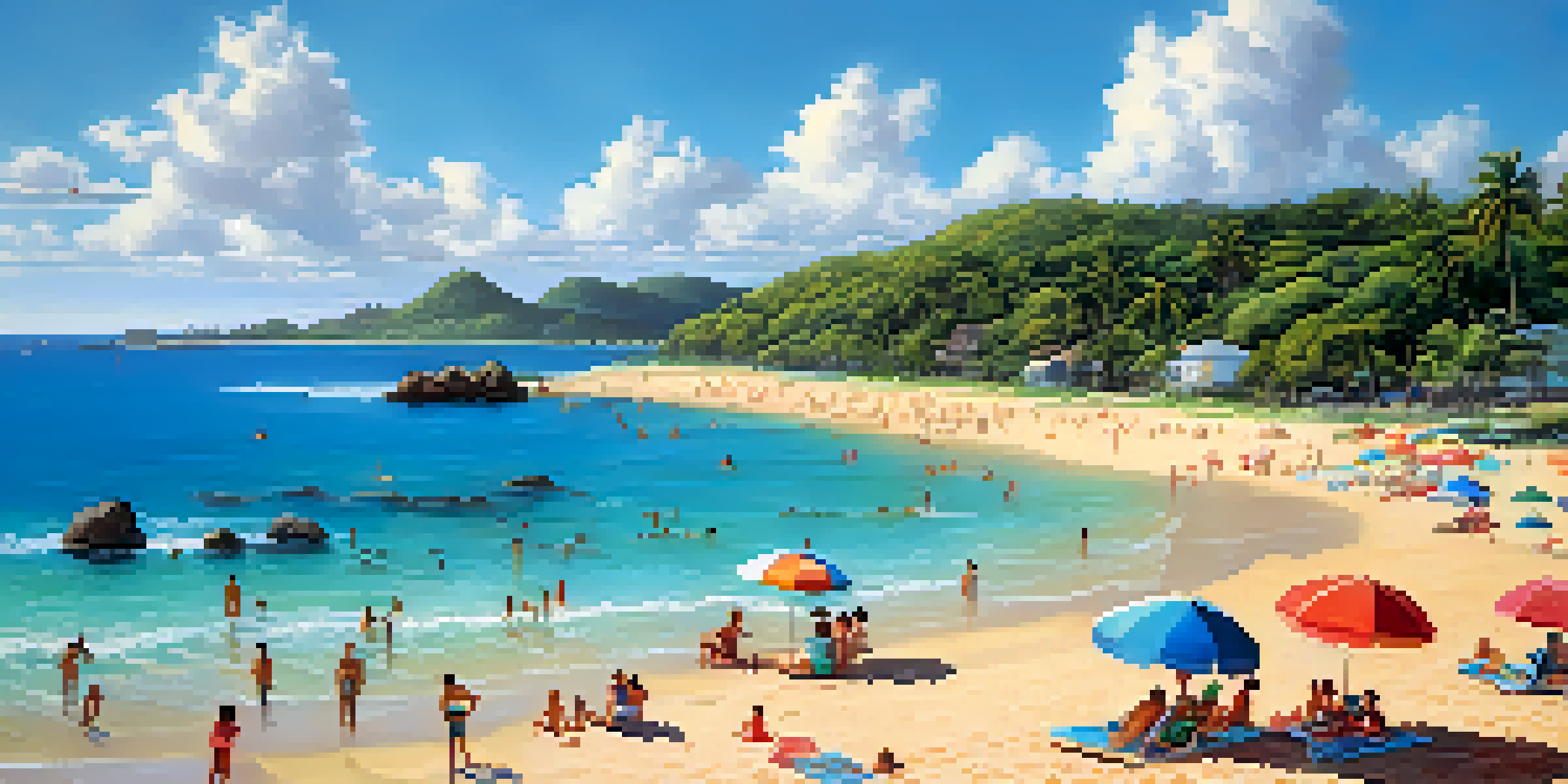 Families enjoying a sunny day at Praia do Forte beach in Brazil, building sandcastles and playing in the gentle waves.