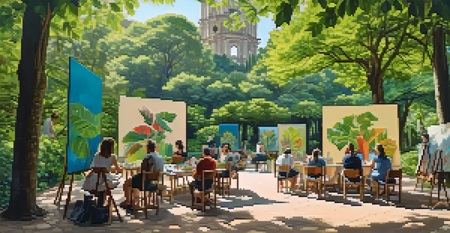 Artists participating in a painting workshop in Parque Lage, surrounded by lush trees and colorful canvases.