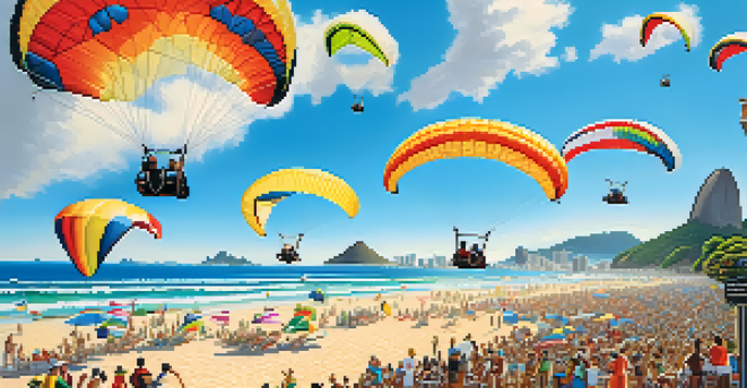 A colorful paragliding festival in Rio de Janeiro with paragliders flying over the beach and iconic landmarks in the background.
